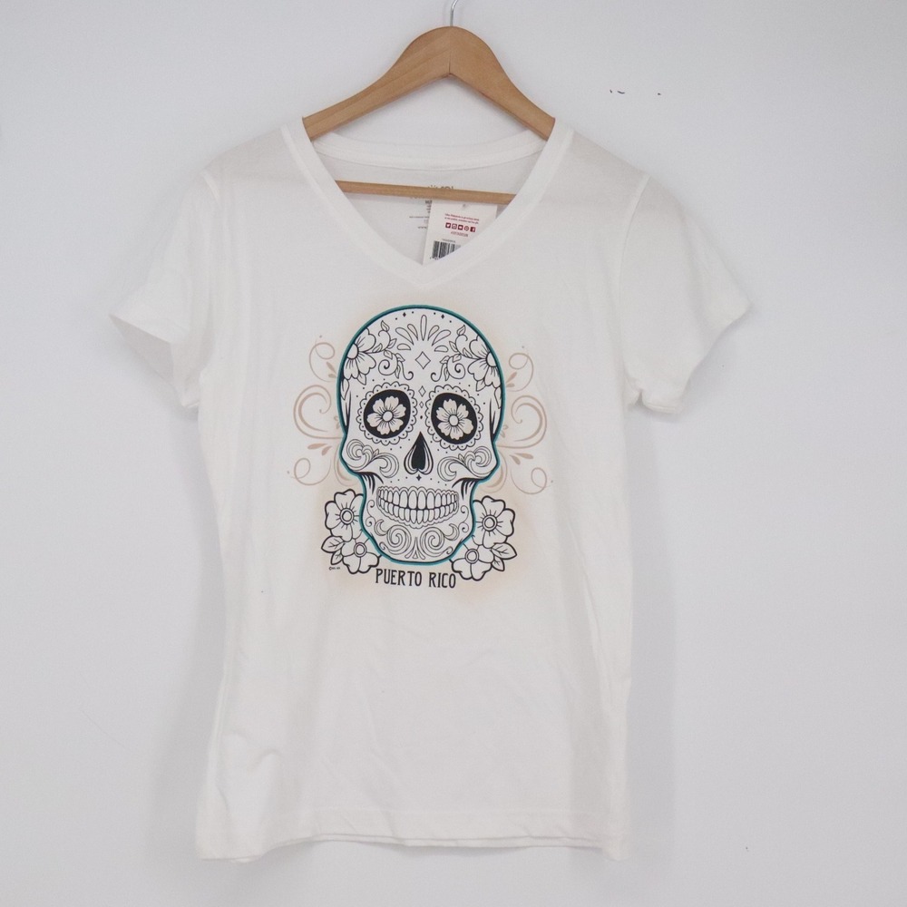 Del Sol T-Shirt Womens M VNeck DyofDead Wht Puerto Rico White Color Change NEW